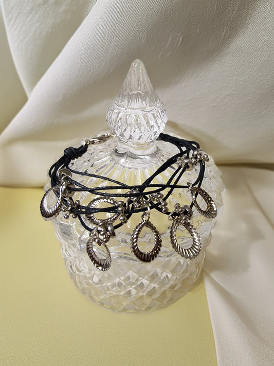 Black Cord Charm Bracelet – Silver Rope Ovals - Modrena