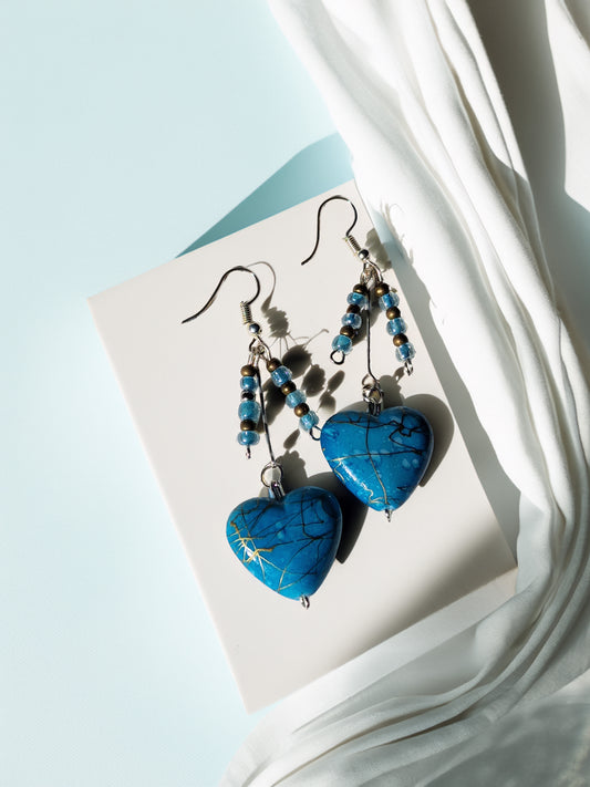 Azure Heart Charms — Silver & Glass Bead Earrings