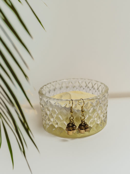 Mini Totem Earrings — wood bead clusters in a cut-glass dish, antique brass detail, palm leaf shadow