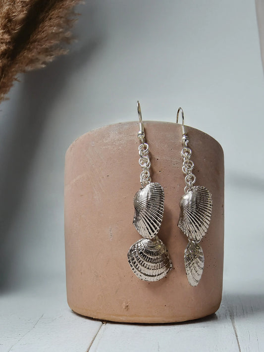 Silver Shell Cascade - Chain Drop Earrings - Modrena
