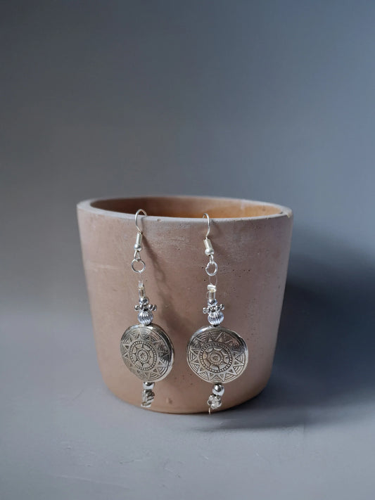 Sun Seal Medallion – Silver Drop Earrings - Modrena
