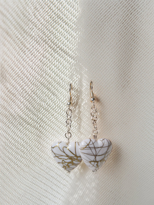 White Heart Charm Drops - Silver & Gold Vein - Modrena