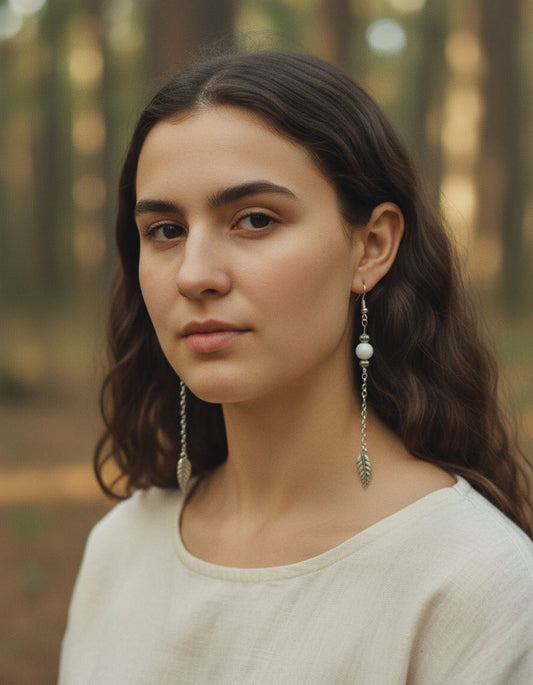 Woman wearing earrings with a blurred forest background