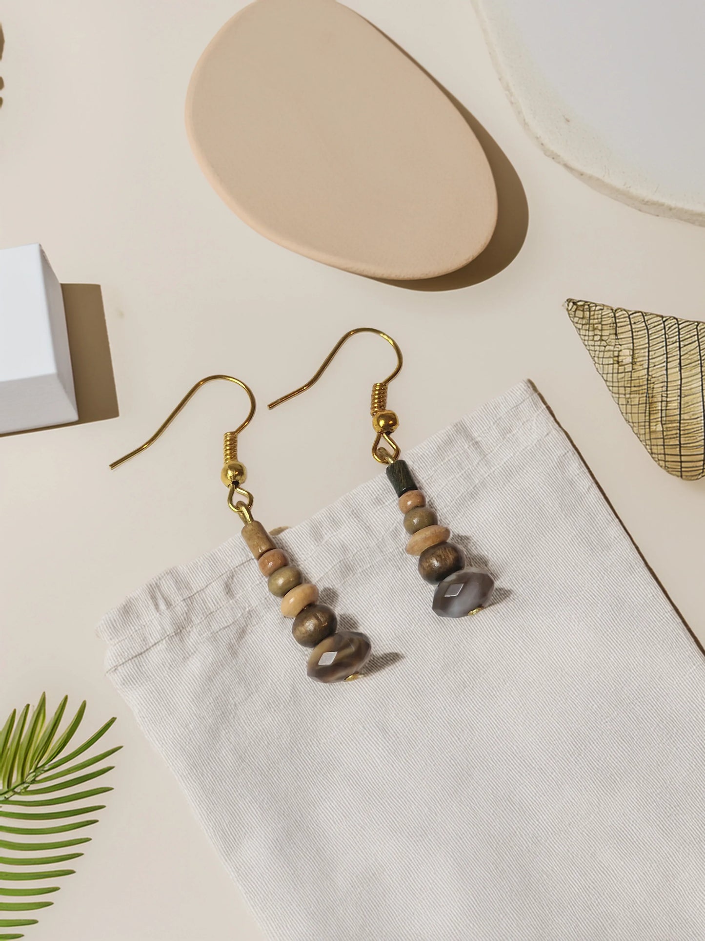 Smoky Glass Mini Totems | Wood & Brass Drop Earrings - Modrena