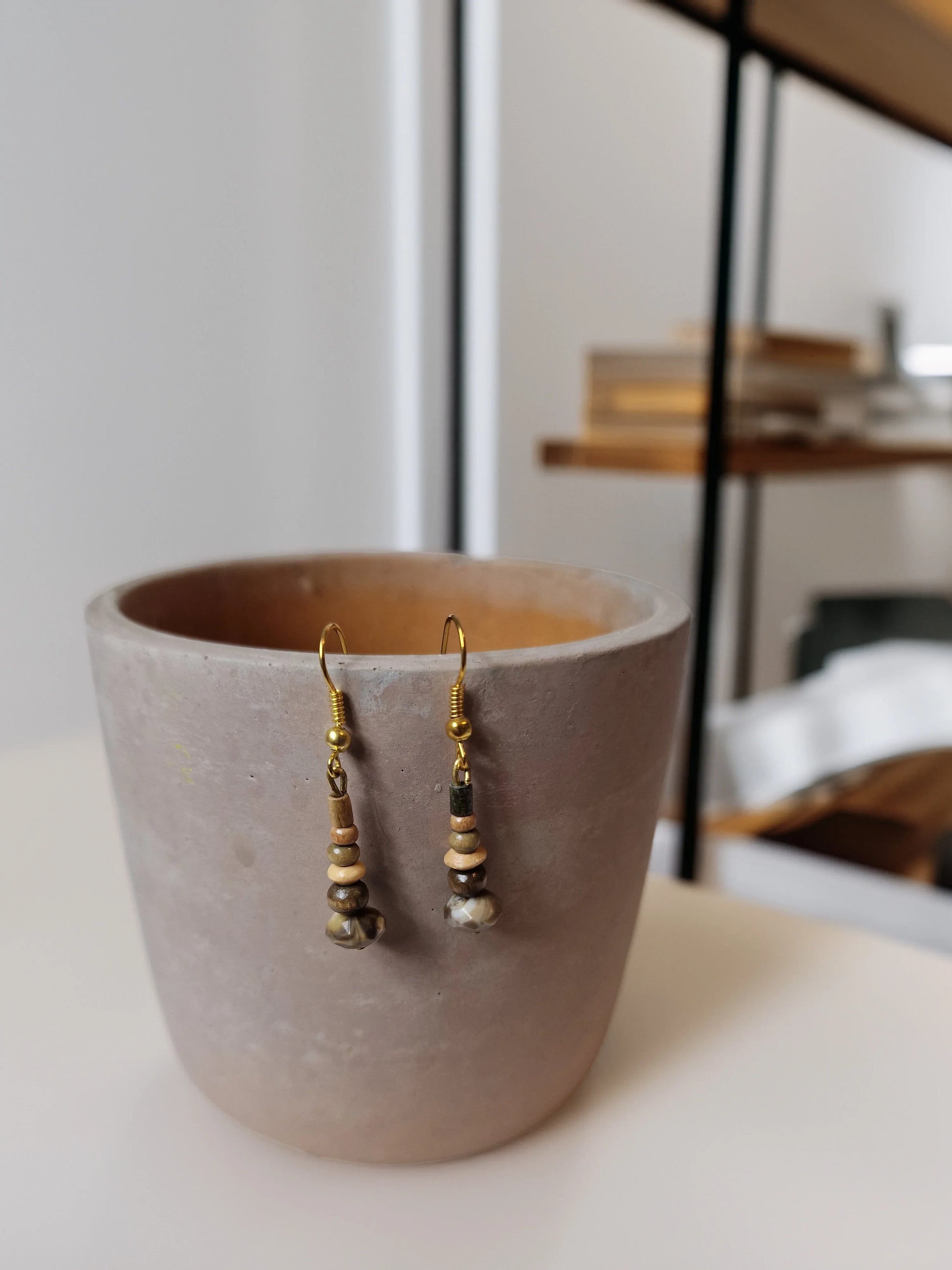 Smoky Glass Mini Totems | Wood & Brass Drop Earrings - Modrena
